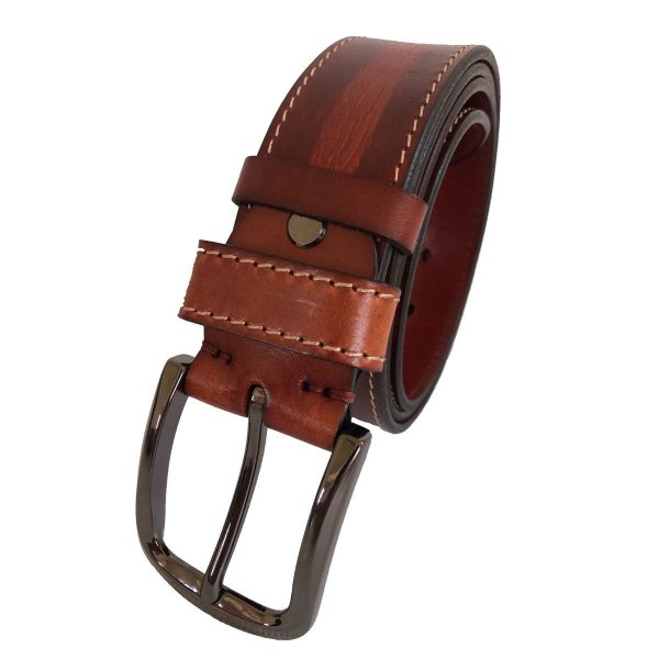 burgundy leather belt for men with white stitch on the side