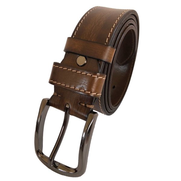 brown leather belt for men with white stitch on the side